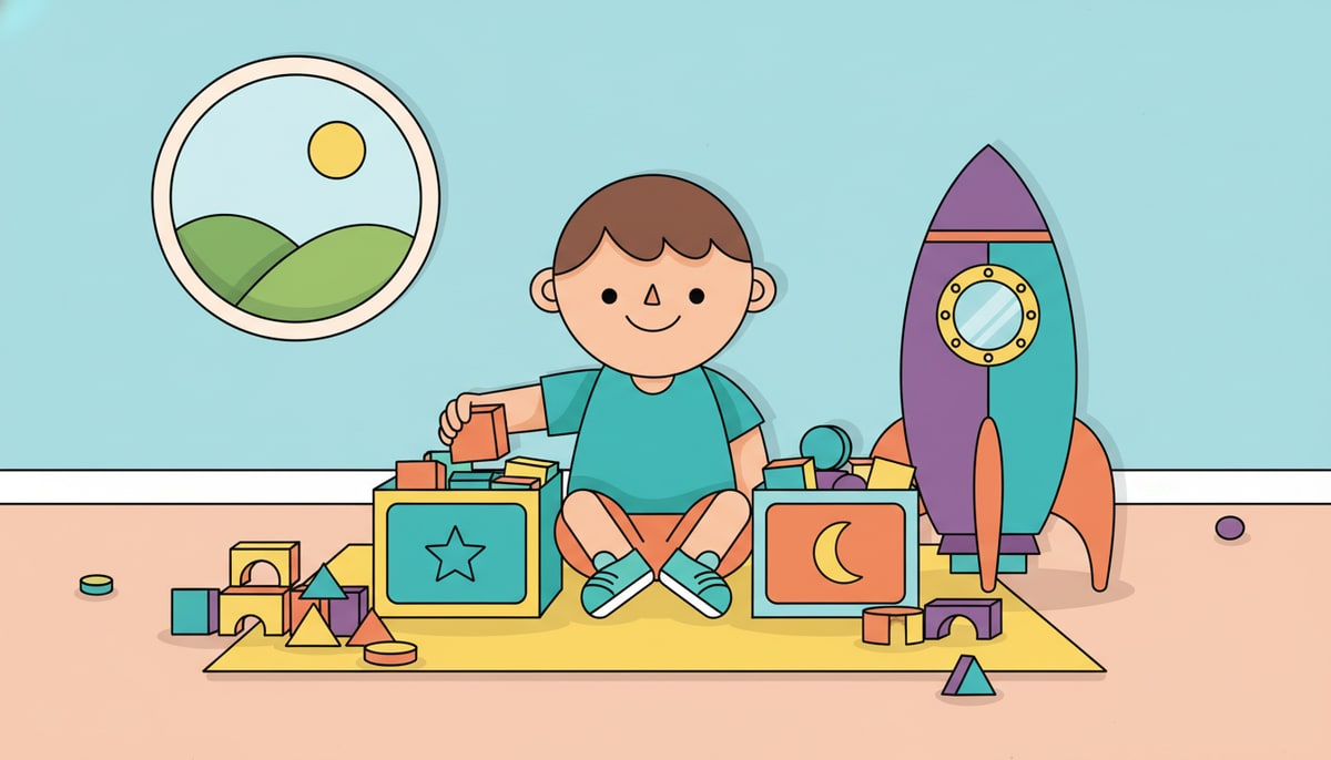 A child carefully sorting colorful toy blocks into two distinct, labeled boxes, while a large, shiny rocket toy sits thoughtfully beside them, waiting.