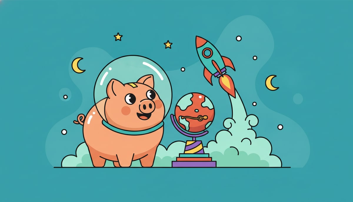 A kid's piggy bank wears a tiny astronaut helmet, excitedly gazing at a small rocket launching into space above a miniature Mars globe.