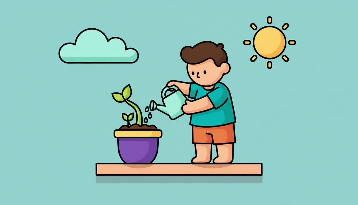 A young child carefully waters a small potted plant, its stem slightly bent but with new green shoots emerging from the soil.