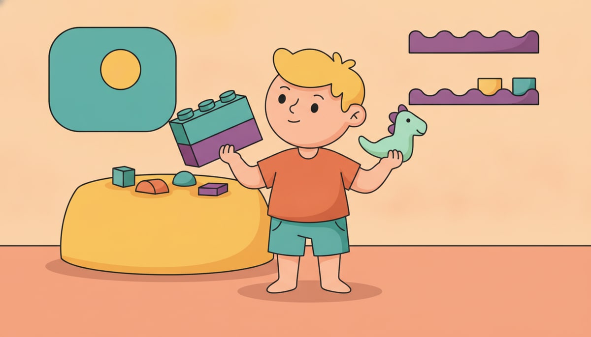 A child thoughtfully holds up a colorful LEGO brick in one hand and a small toy animal in the other, contemplating which to choose.