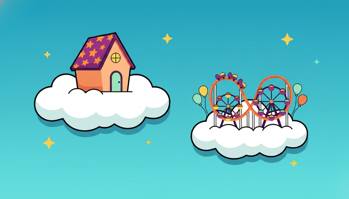 A small, cozy house with a sparkly roof sits on a fluffy cloud labeled "Savings," while a bustling amusement park with a roller coaster is on a different, smaller cloud labeled "Checking.