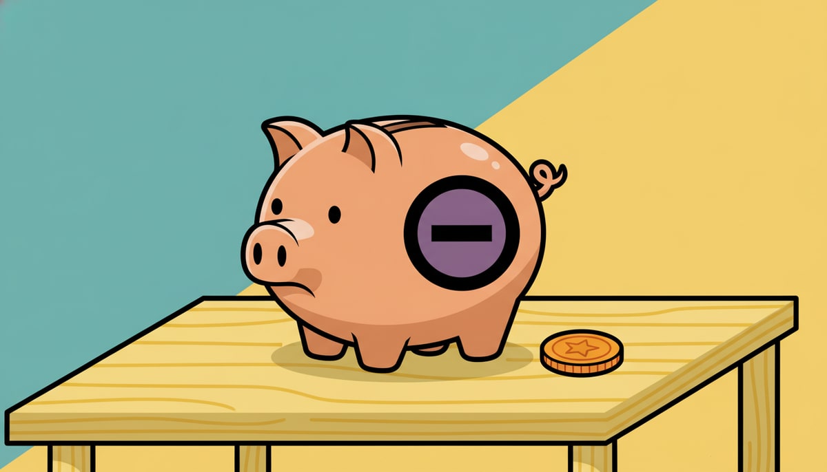 A small, empty piggy bank sits dejectedly on a table next to a single forgotten coin, with a "closed" sign (represented visually, not with text) on its side.