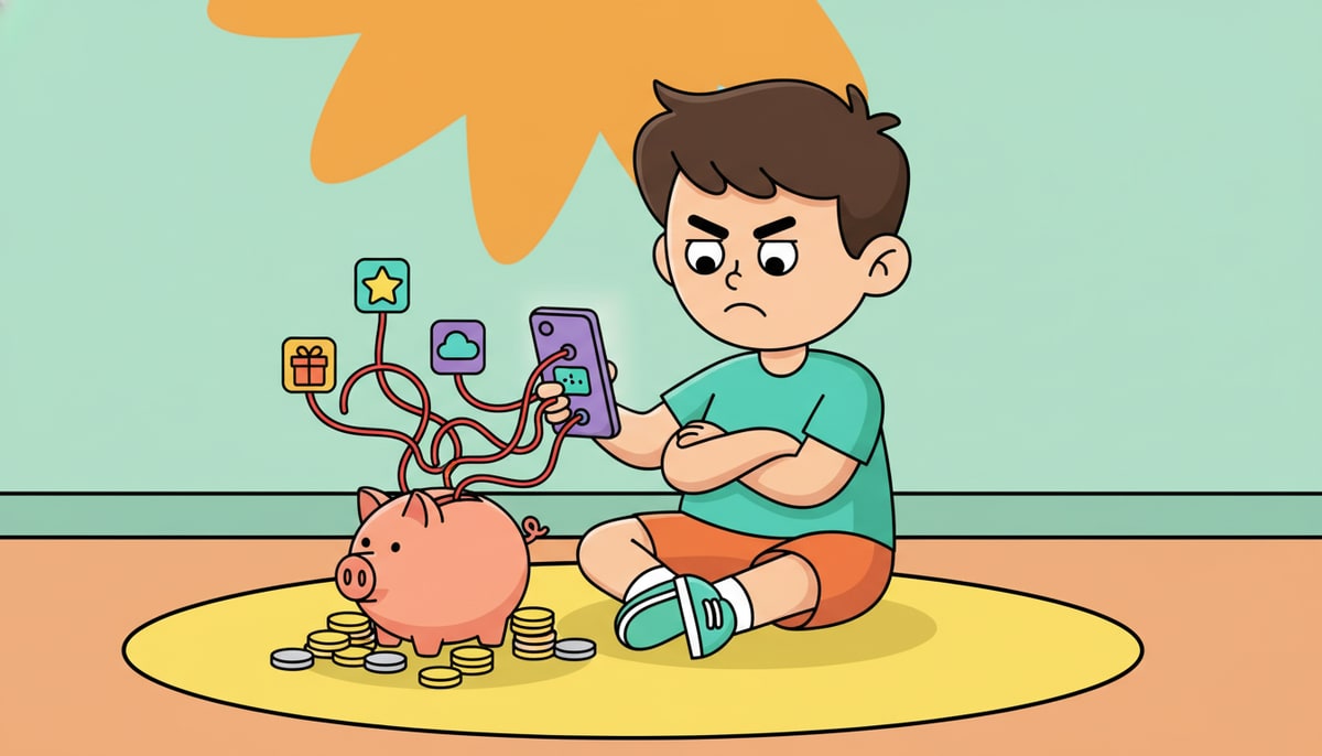 A frustrated kid with a piggy bank full of coins watches a tiny digital clock on a smartphone screen, which is overflowing with a tangled mess of bright red "notification" strings that lead to various apps.