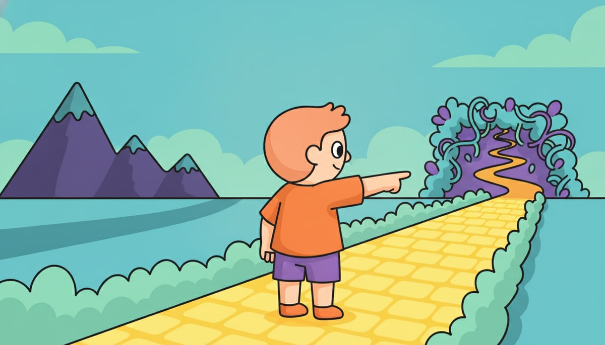 A child stands at a colorful crossroads, pointing decisively down one path while several other paths branch off behind them, some looking less appealing.