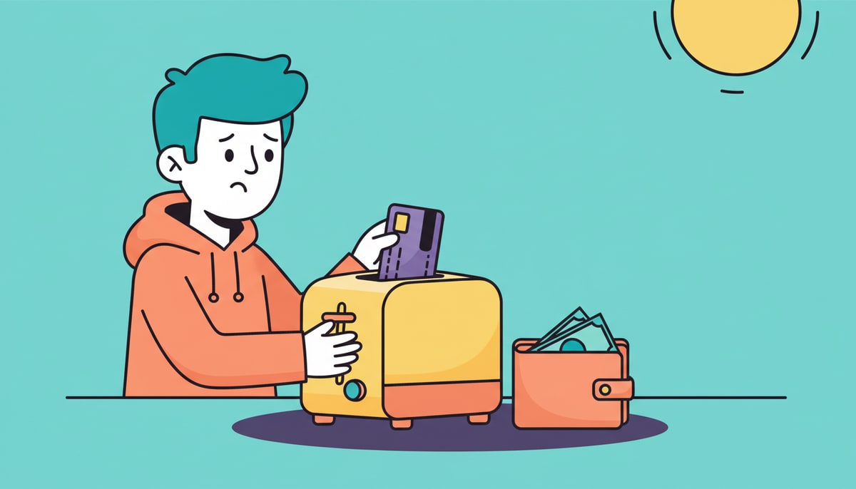 A teen holds a debit card, looking confused as they try to insert it into a toaster, while a stack of cash sits neatly in a wallet nearby.