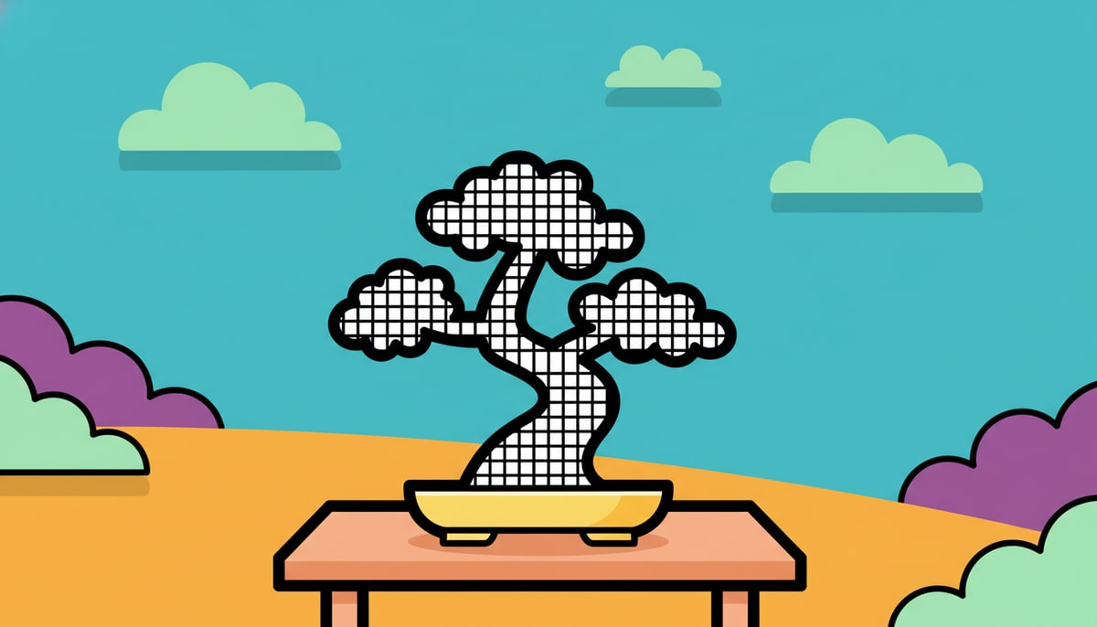A tiny, intricately detailed bonsai tree is depicted using only black and white pixels, arranged like a simple grid of on/off light switches.