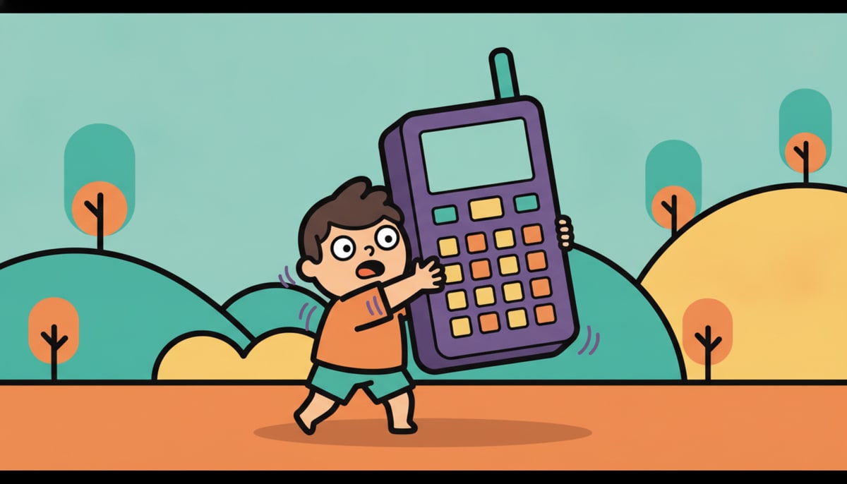 A small child comically struggling to hold a gigantic, brick-like early cell phone up to their ear.