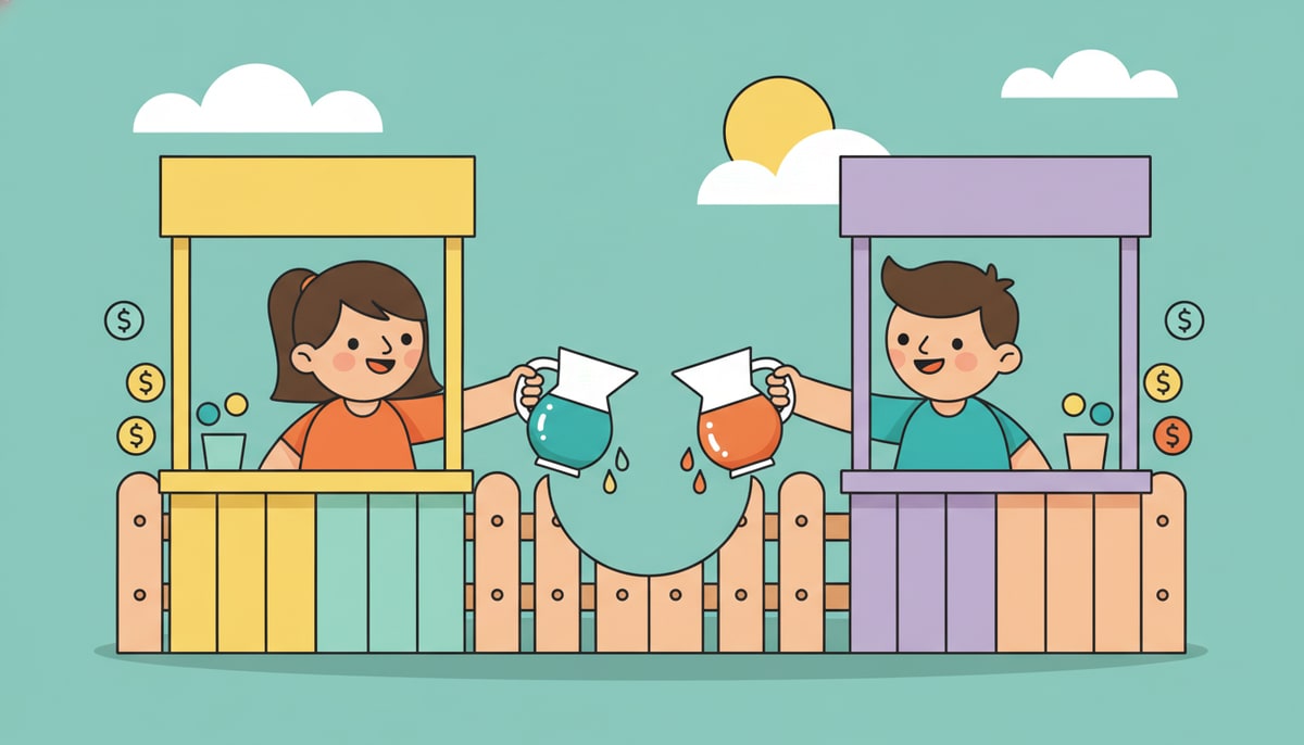 Two kids with lemonade stands, one with a $1 pitcher and the other with a $1.50 pitcher, are swapping pitchers through a shared fence opening.