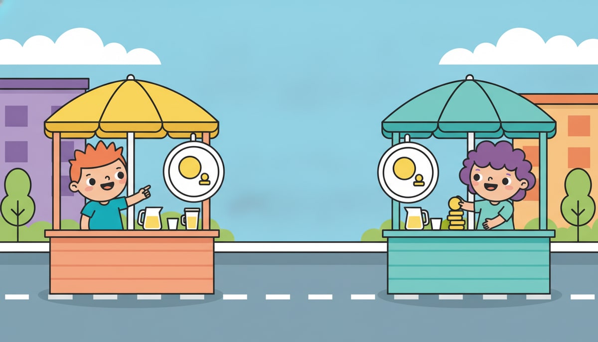 A child at a lemonade stand points proudly to their 50-cent sign while a second child at a competing stand across the street adds a small, "city-mandated" coin stack onto their 40-cent price.