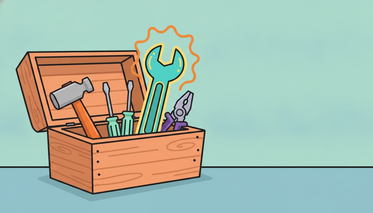 A cartoon wrench, glowing with energy, stands prominently among a collection of ordinary hand tools (screwdrivers, hammers, pliers) in an open, rustic wooden toolbox.