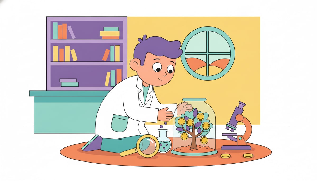 A young child in a lab coat gazes intently at a miniature tree sprouting coins in a tiny terrarium, surrounded by scientific instruments and a magnifying glass.