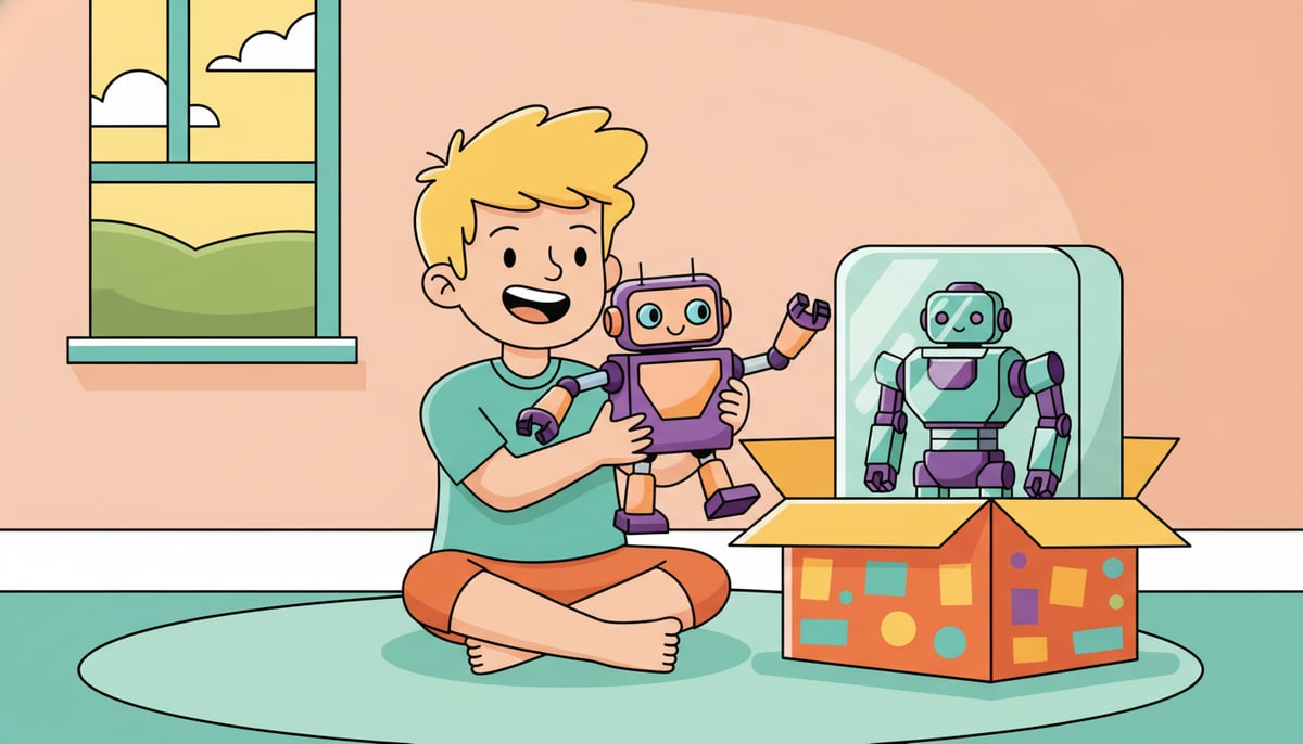 A young child happily playing with a slightly older, but still functional, toy robot while a brand-new, unopened toy robot sits untouched in its box nearby.