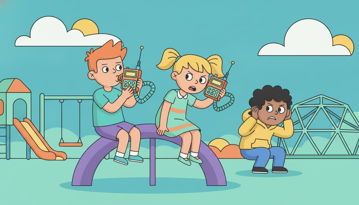 Two kids in a playground, one whispering into a colorful, sci-fi-looking walkie-talkie while the other listens intently through an identical device, both oblivious to a third kid nearby straining to hear.