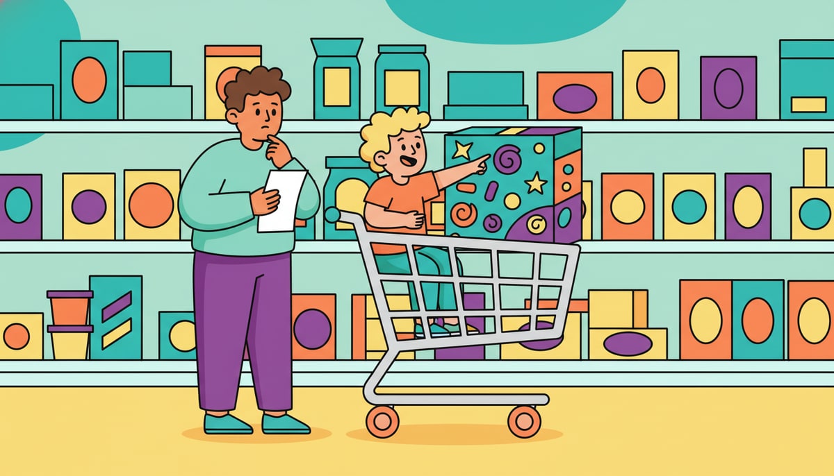 A young child, reaching from a grocery cart, points enthusiastically at a brightly colored box of cereal on a shelf, while a parent nearby holds a shopping list and looks thoughtfully at the child.
