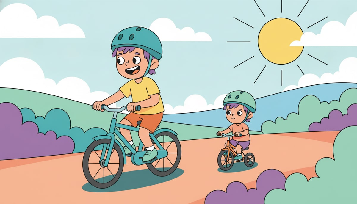 A kid, helmet on and beaming, confidently rides a bicycle with one hand, looking over their shoulder at a slightly wobbly younger version of themselves on a smaller bike, both on a sunlit path.