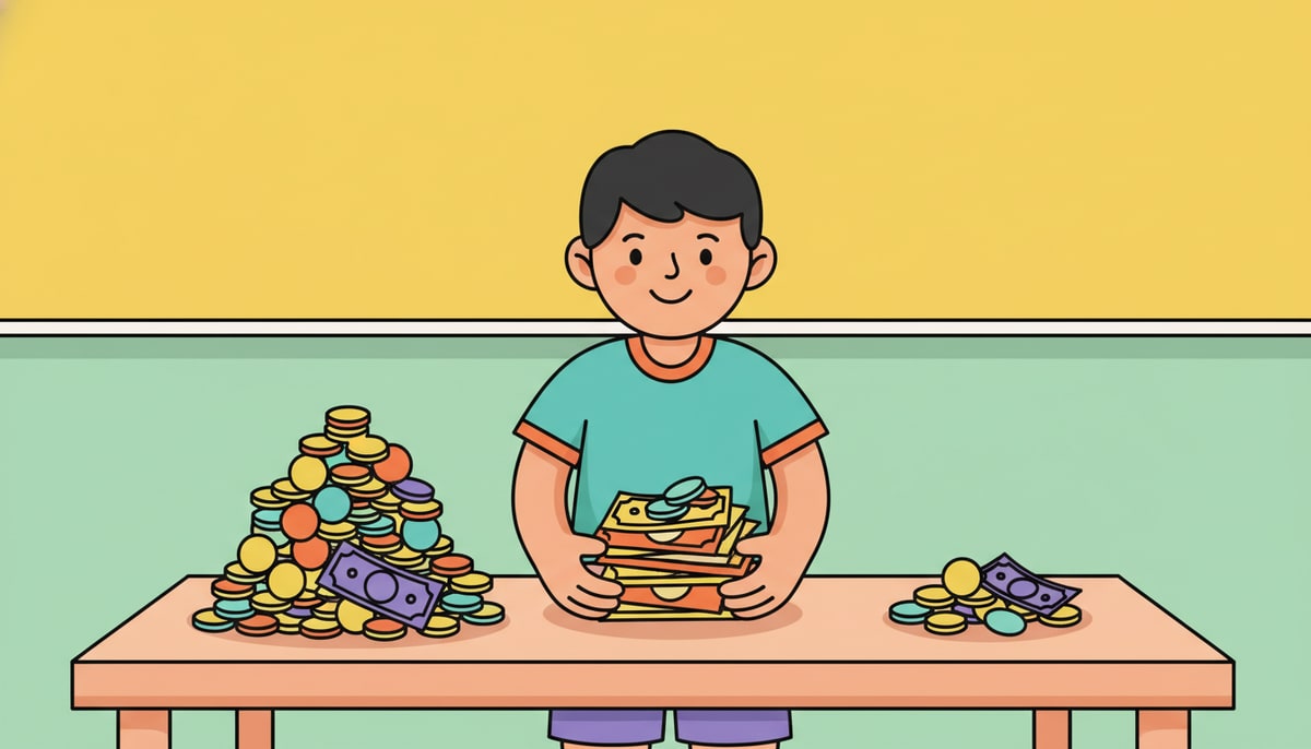 A child happily holds three distinct, colorful piles of coins and bills on a table, each pile varying in size.