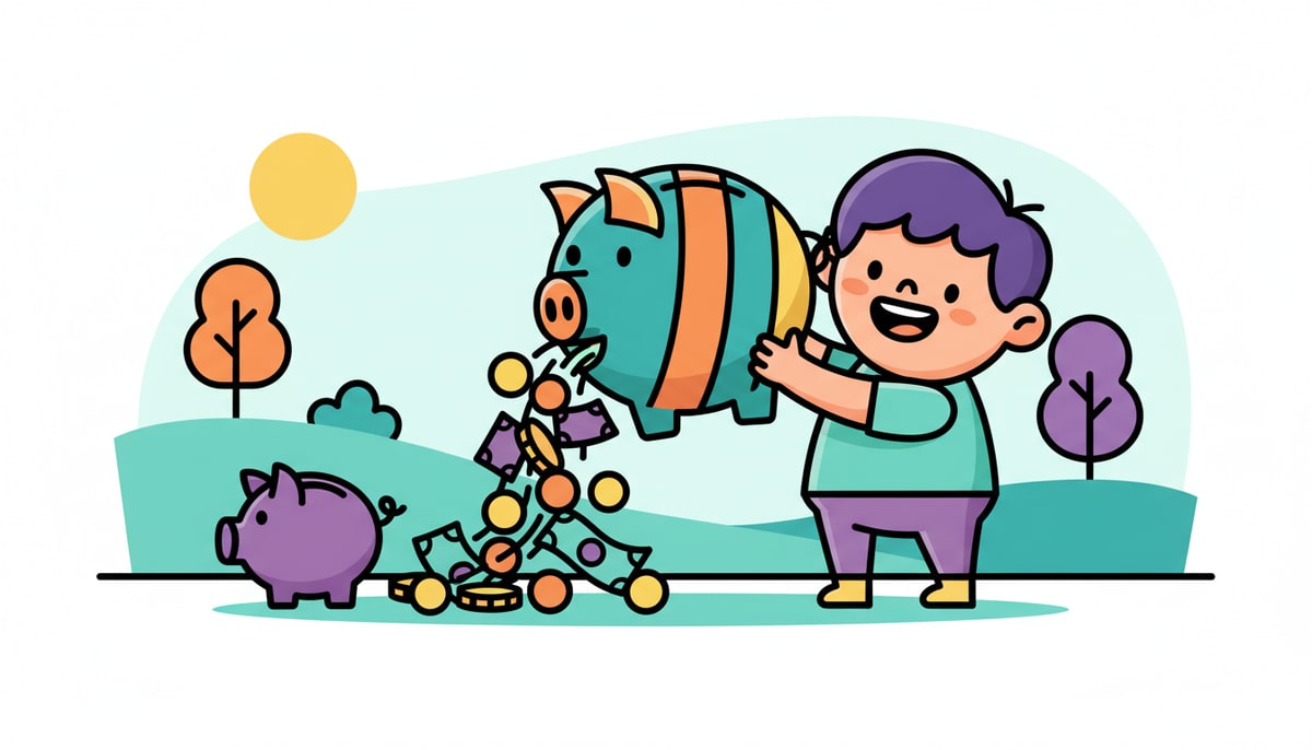 A child excitedly holds a large, colorful piggy bank overflowing with a cascade of coins and bills, next to a smaller, empty piggy bank labeled for "spending.