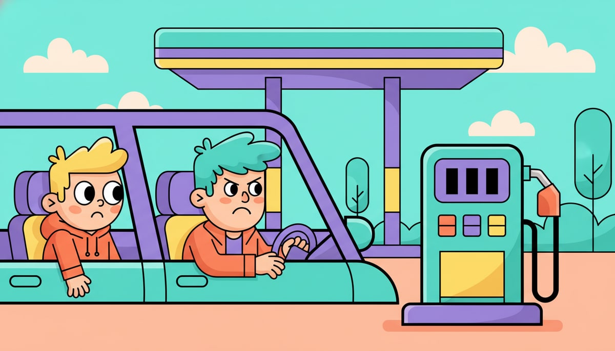 A child in the back seat of a car looks curiously at their parent who is looking frustratedly at a gas pump's rising numbers.