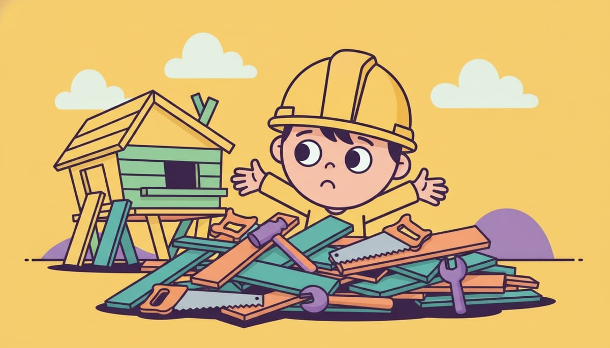 A child in a construction hat looks bewildered amidst a chaotic pile of wood planks, tools, and a half-built, lopsided treehouse, clearly without a plan.