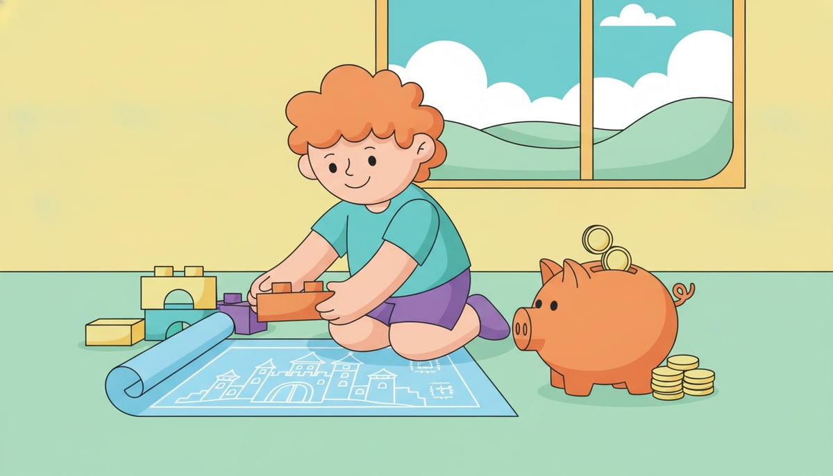A child carefully placing colorful toy bricks onto a blueprint for a magnificent, imagined castle, with a piggy bank full of coins nearby.