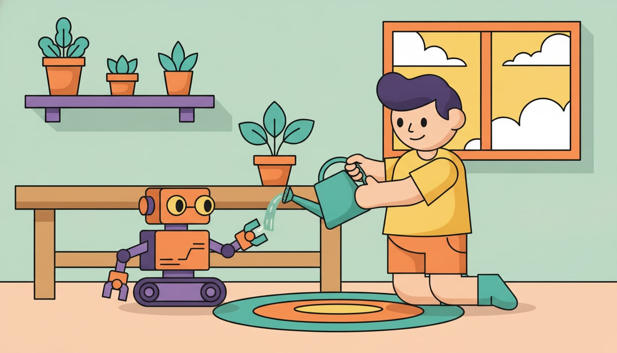 A child carefully waters a small, leafy plant growing in a pot, while next to it, a miniature robot stands ready on a workbench.