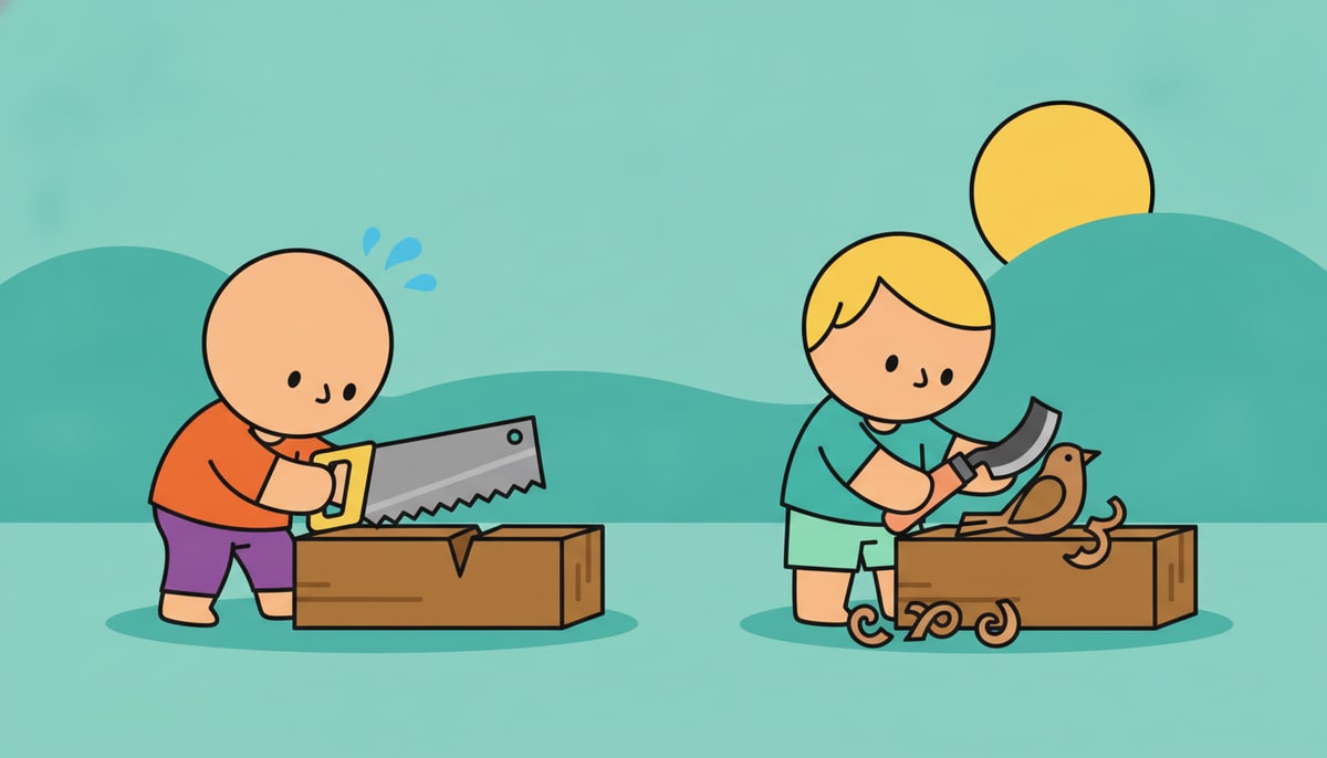 A child struggling to cut a block of wood with a comically large, dull, general-purpose saw, while another child effortlessly carves a detailed bird from a similar block using a small, sharp, custom-made carving tool.