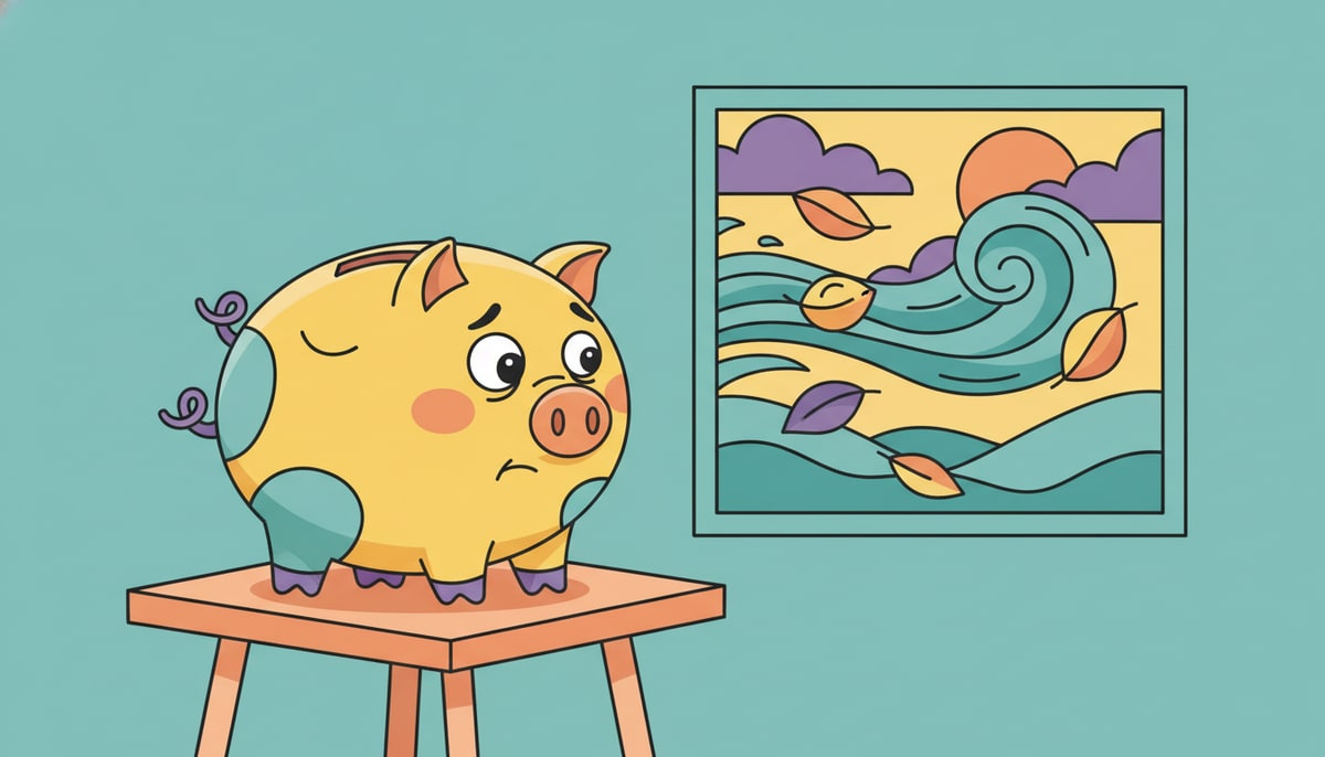 A child's piggy bank, looking slightly worried, sits on a small, wobbly table next to a window where a stylized cartoon gust of wind is blowing leaves past.
