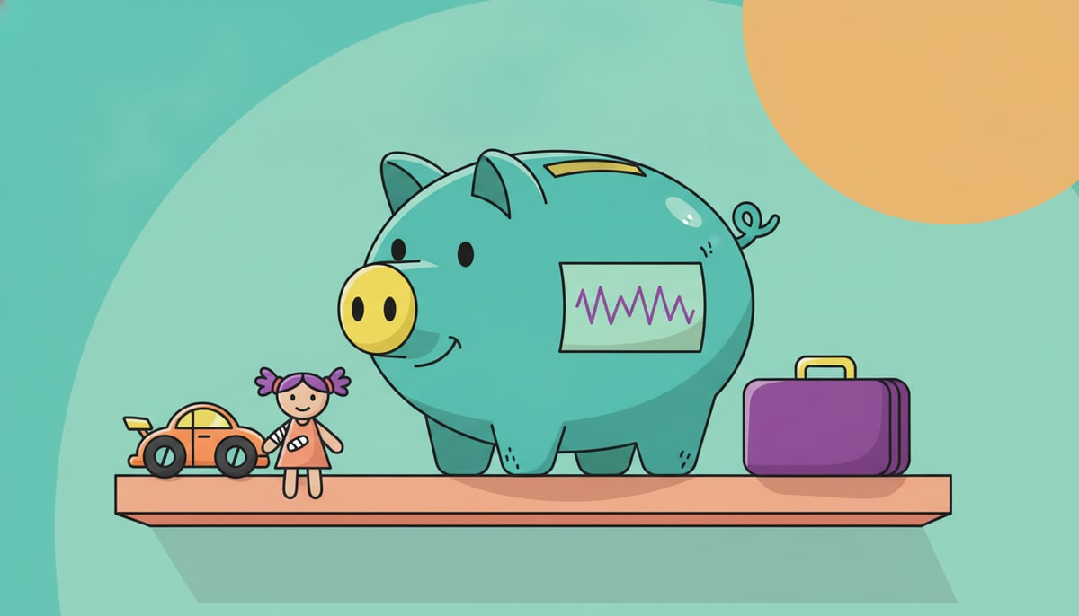 A sturdy, slightly worn piggy bank with a small "emergency fund" label (unreadable text) sits on a shelf next to a miniature toy car with a flat tire and a tiny bandaged doll, while a small suitcase rests nearby.