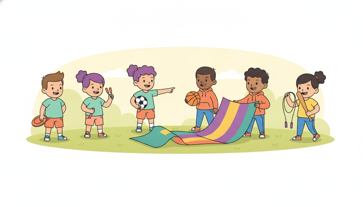 A diverse group of cartoon children, each holding a different sports equipment like a soccer ball, basketball, or a jump rope, are gathered around a large, slightly deflated team banner, with one child pointing at a new, smaller, but brightly colored banner being unrolled.
