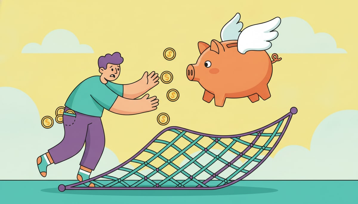 A piggy bank with wings flies away from a worried-looking person, who is reaching out to catch a few falling coins from their pocket, while a safety net unfurls beneath them.