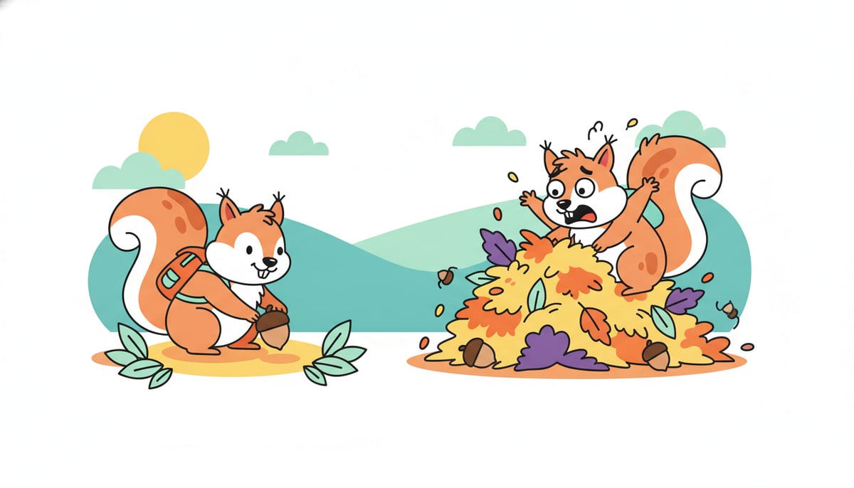 A cartoon squirrel, wearing a tiny backpack and smiling, meticulously buries a single acorn in a designated spot, while a second, frazzled squirrel frantically digs in a chaotic pile of leaves nearby.