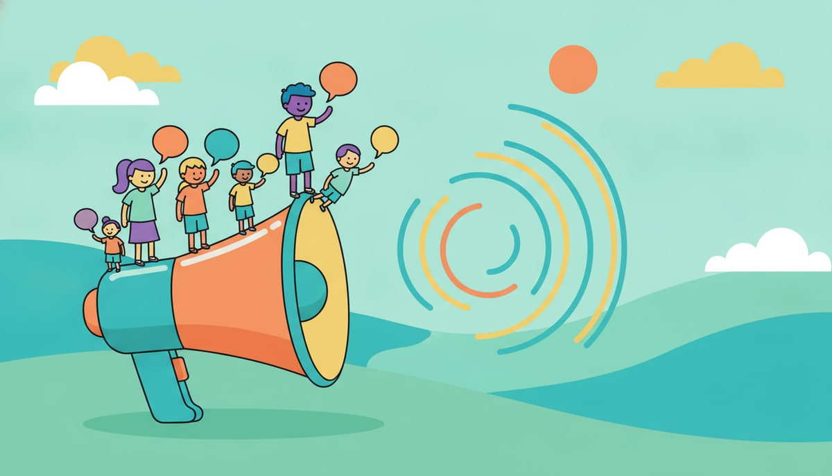 A diverse group of kids of varying heights and ages stand on a giant megaphone, each holding a small, colorful speech bubble above their heads, all pointing towards the same distant, slightly larger, impact wave rippling through the air.