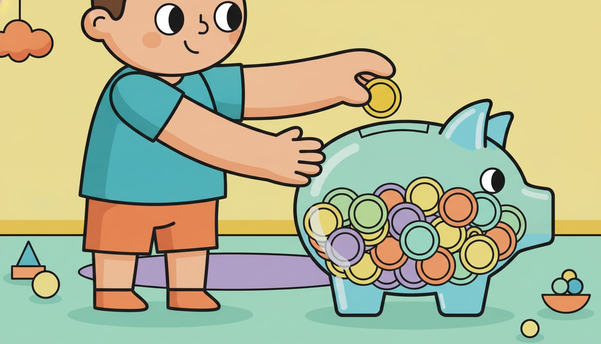 A child carefully places a single coin into a clear piggy bank already brimming with many other colorful coins.